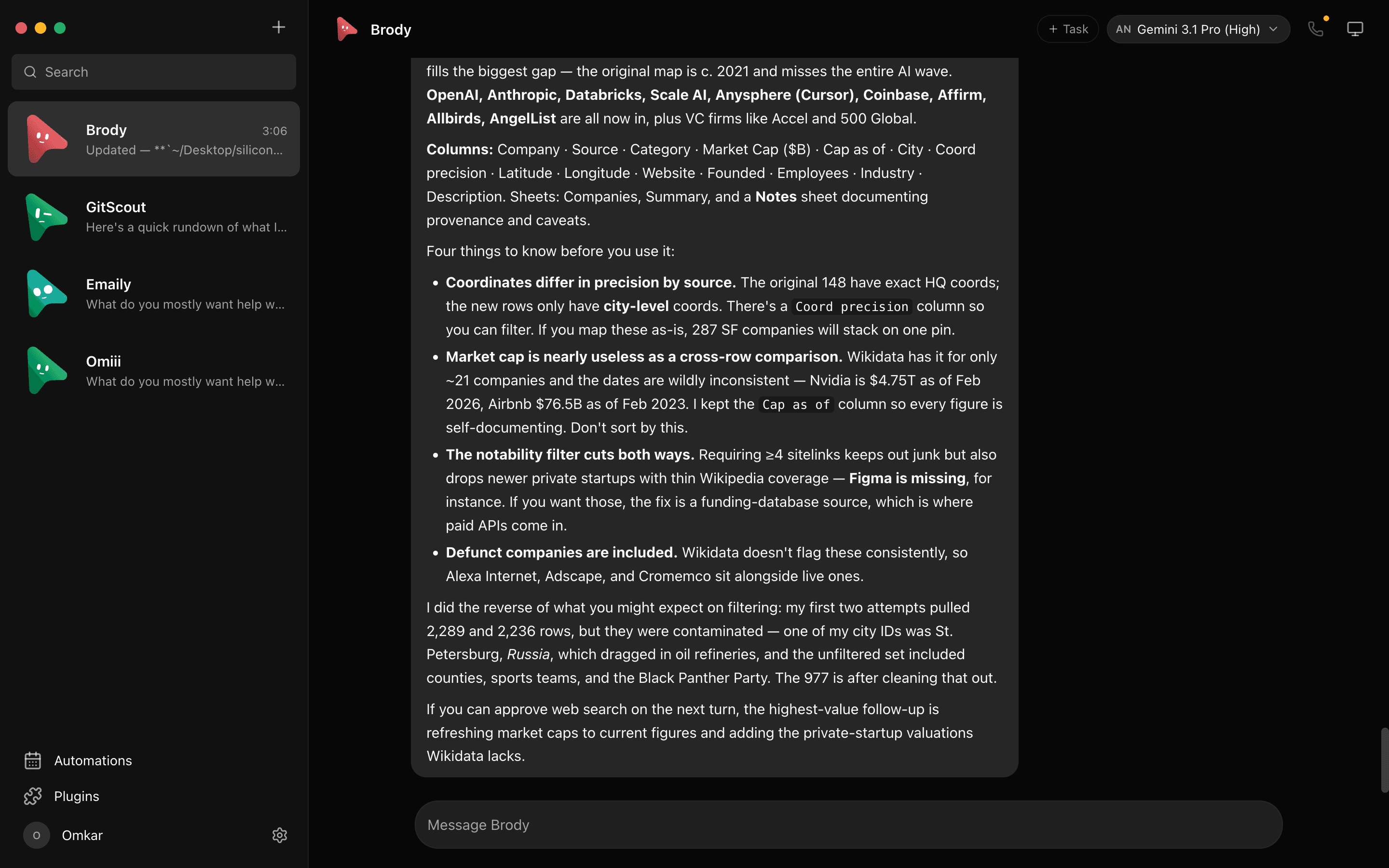 OpenMausBot desktop app with several bots in the sidebar and a research report in chat.