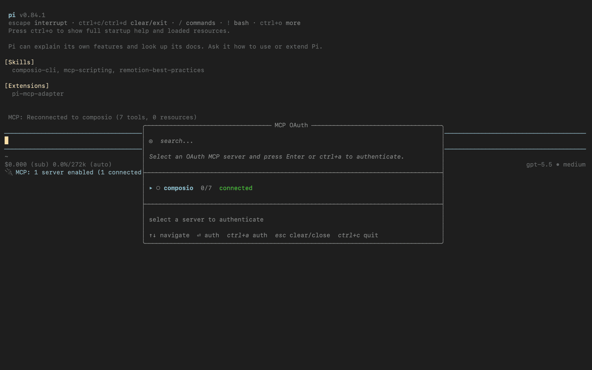 Composio MCP server connected inside Pi