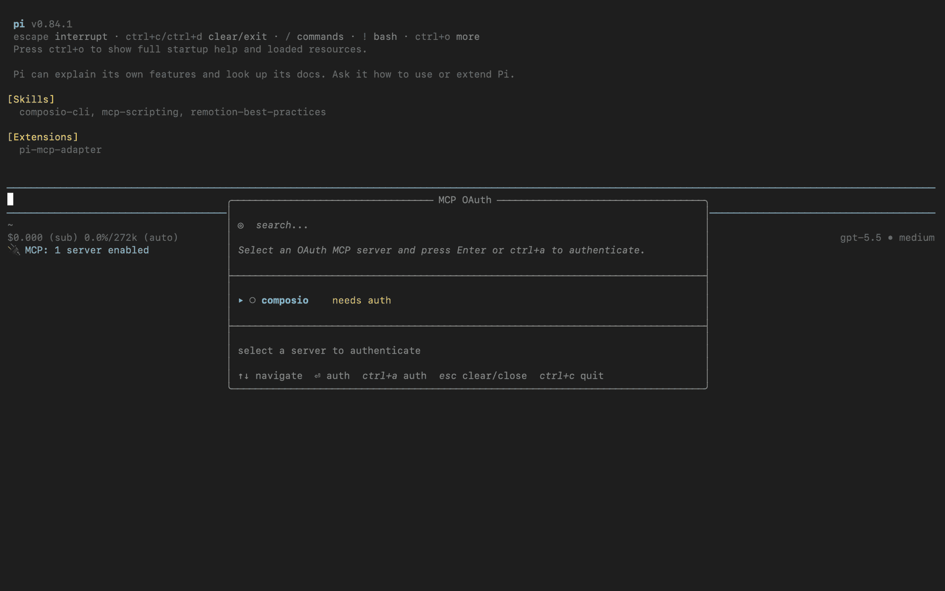 Pi /mcp-auth modal listing the composio MCP server