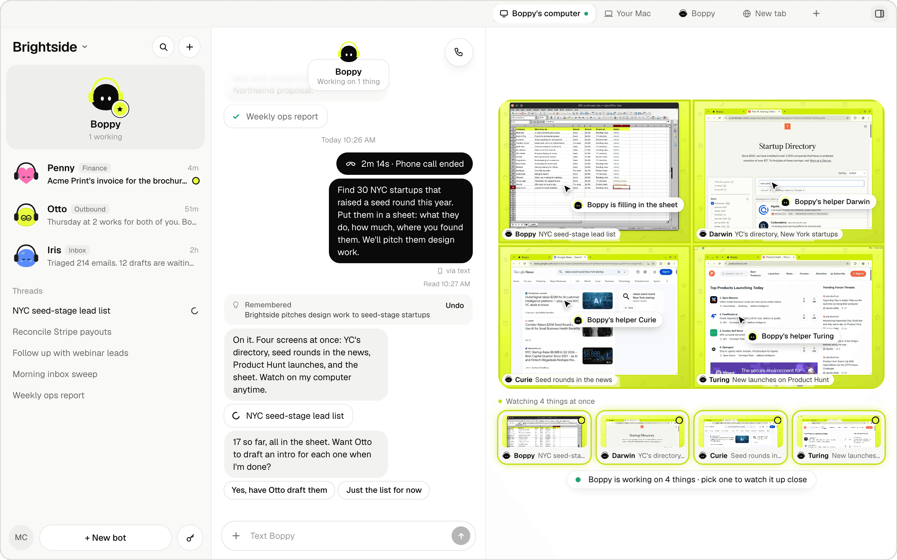 Bops showing a chat with Boppy and four computer screens researching startups and building a lead list.