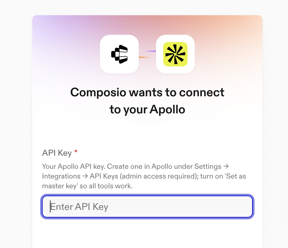 Composio's Apollo connection form asking for your Apollo API key