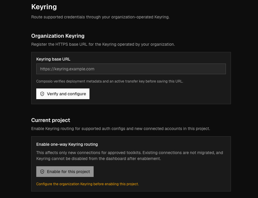 Composio dashboard Keyring settings for verifying an organization-operated proxy and enabling project routing.