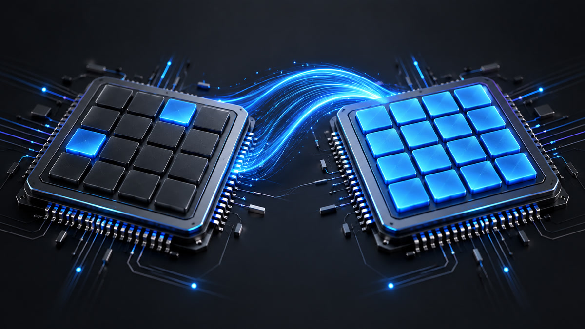 Two processors connected by blue streams, with a few active cores on the left and all cores active on the right.