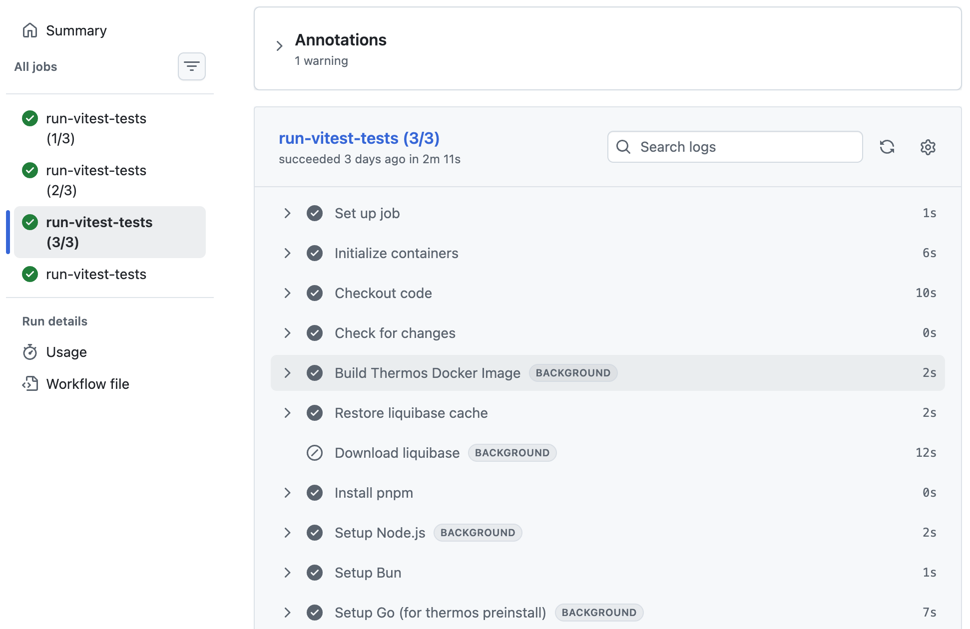 GitHub Actions showing three successful parallel Vitest shards, with the selected shard finishing in 2 minutes 11 seconds.