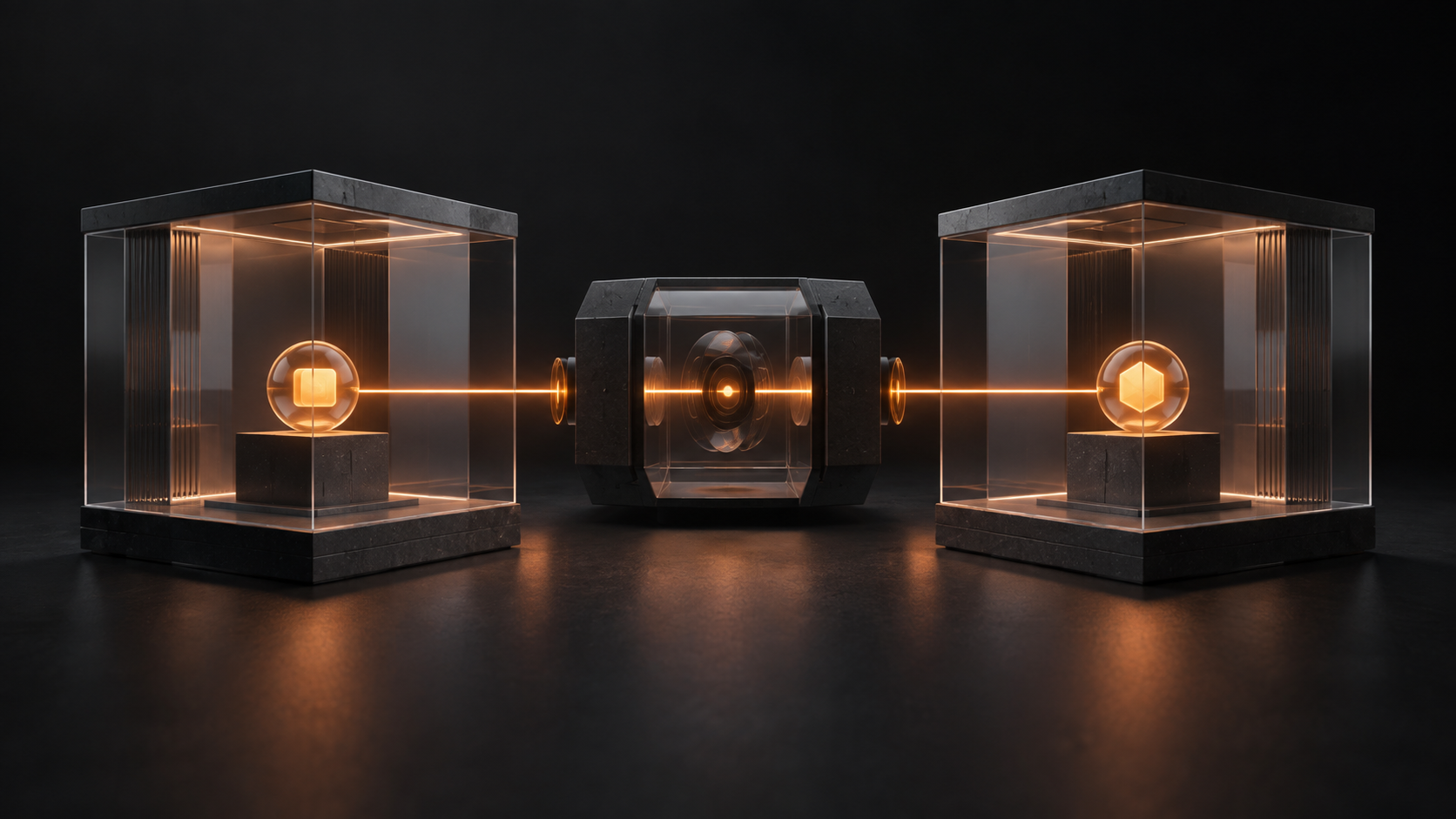 Glowing tokens enclosed in separate glass chambers with an orange connection through a central execution chamber