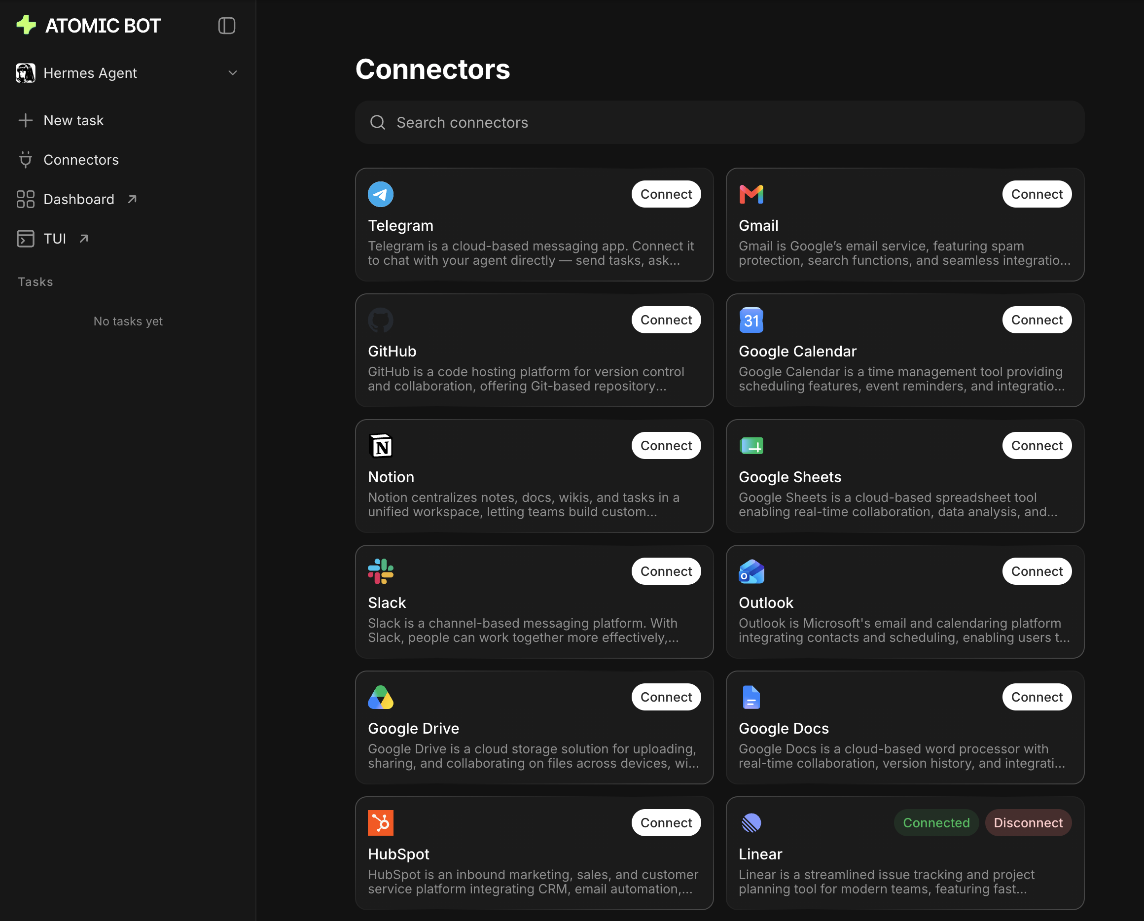 The Connectors screen with Linear connected