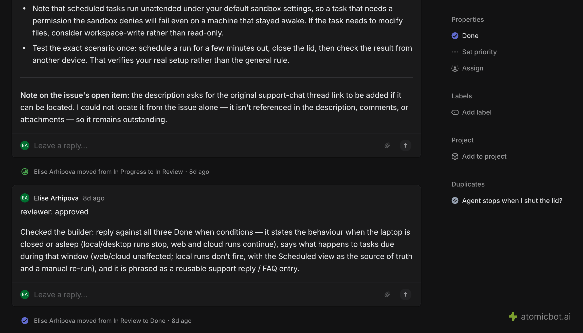 The reviewer comment approving the work, followed by the status change to Done