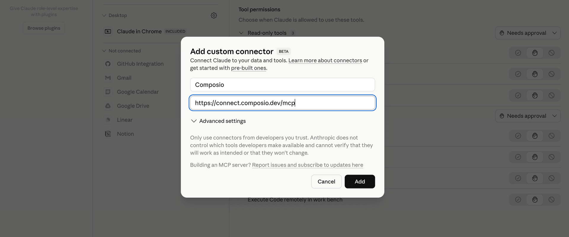 Add custom connector dialog with Composio MCP server URL