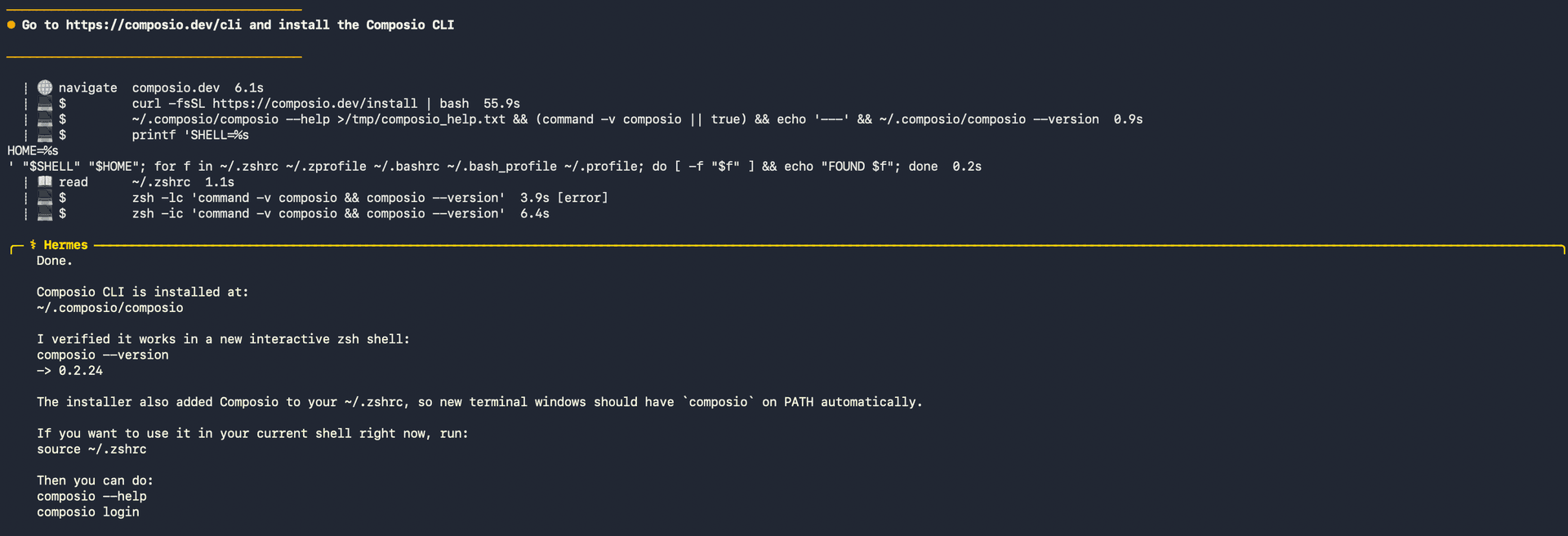 Hermes authenticating with Composio