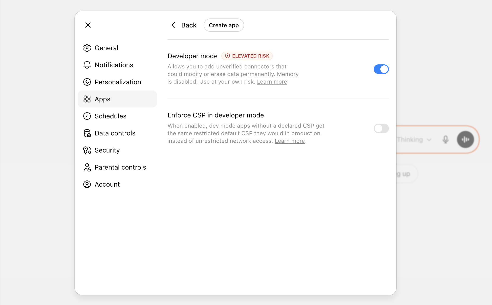 ChatGPT settings showing Developer Mode toggle