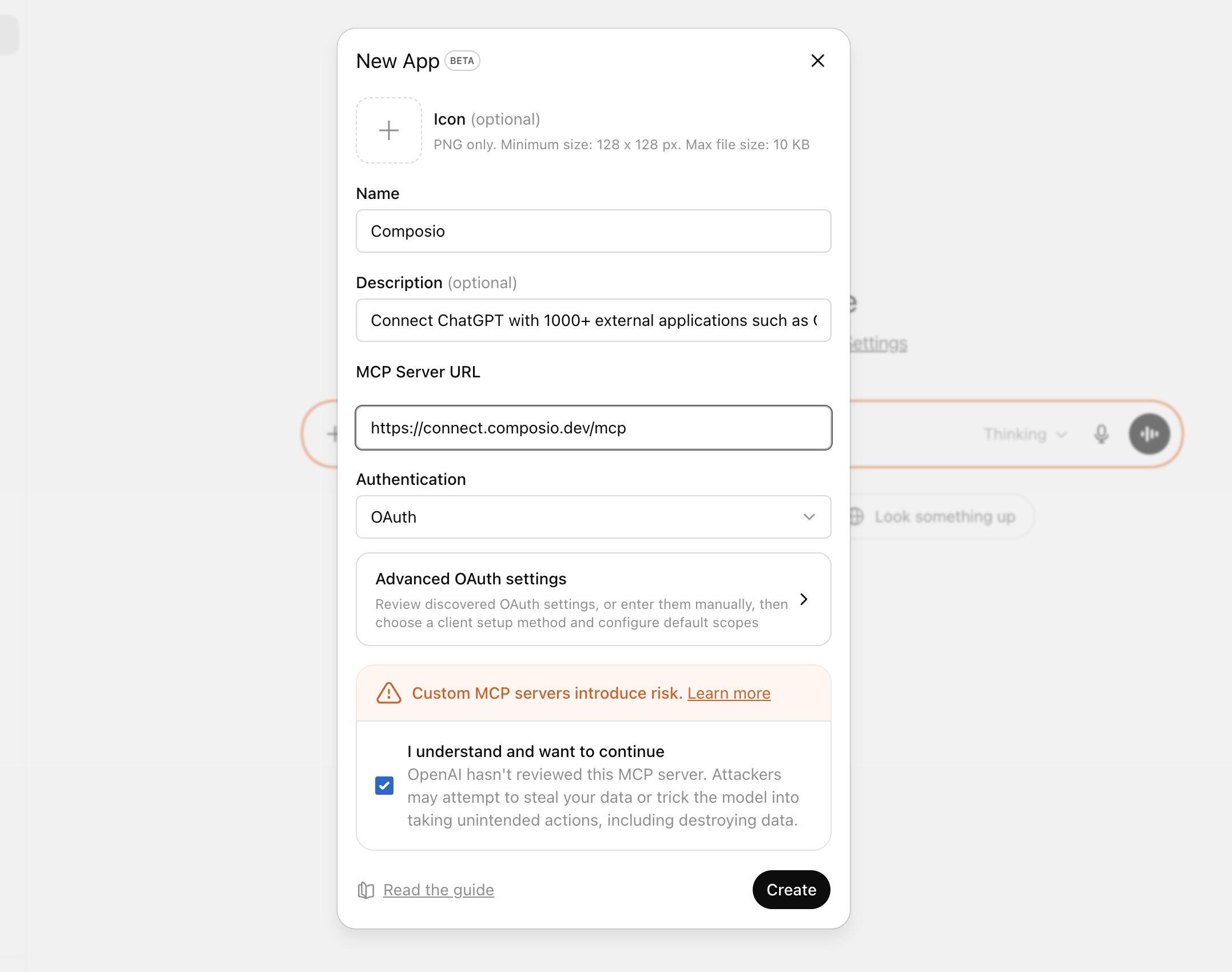 ChatGPT create app flow with Composio MCP URL