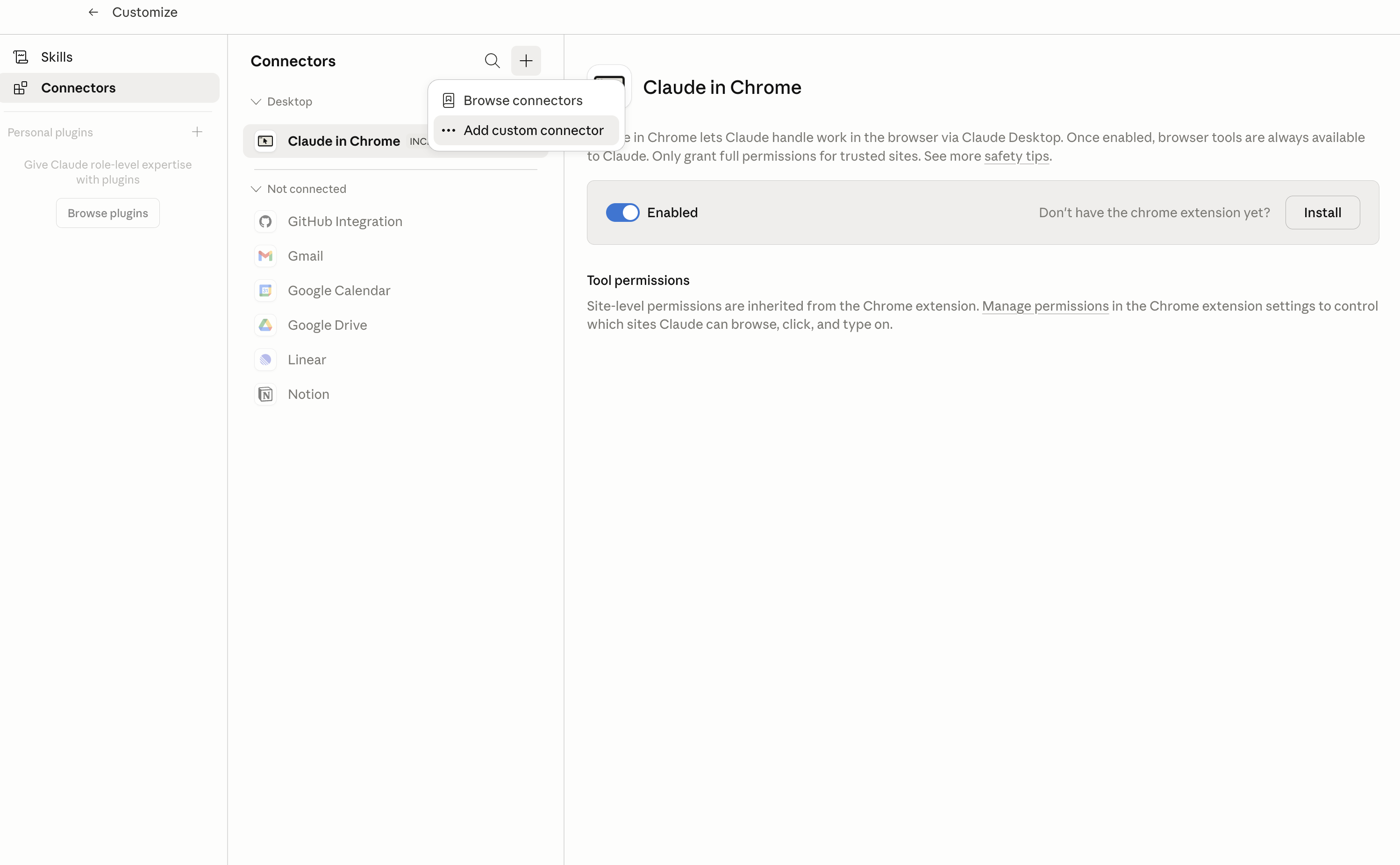 Claude Desktop connectors screen with Add custom connector selected