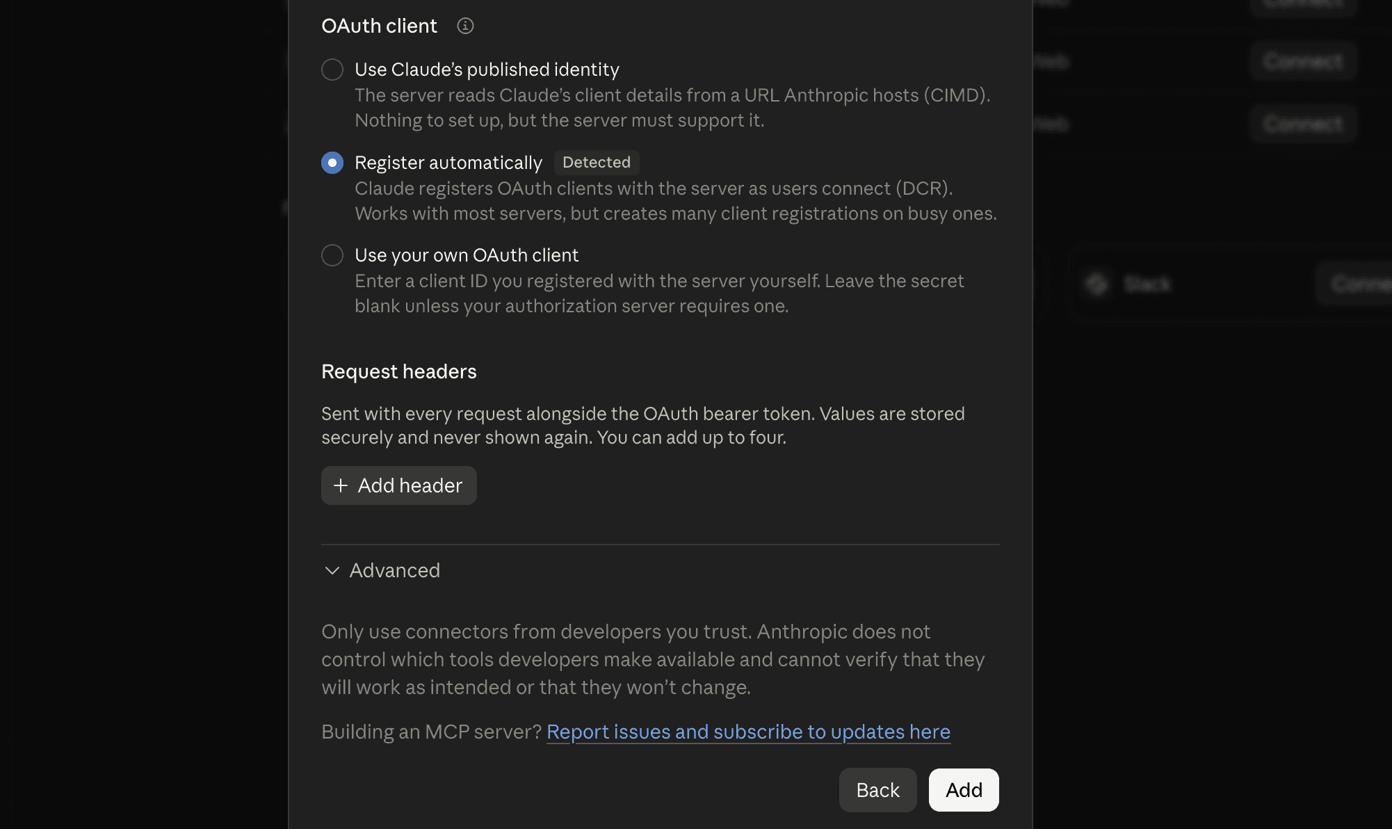 Second step of the Add custom connector dialog with the Add button