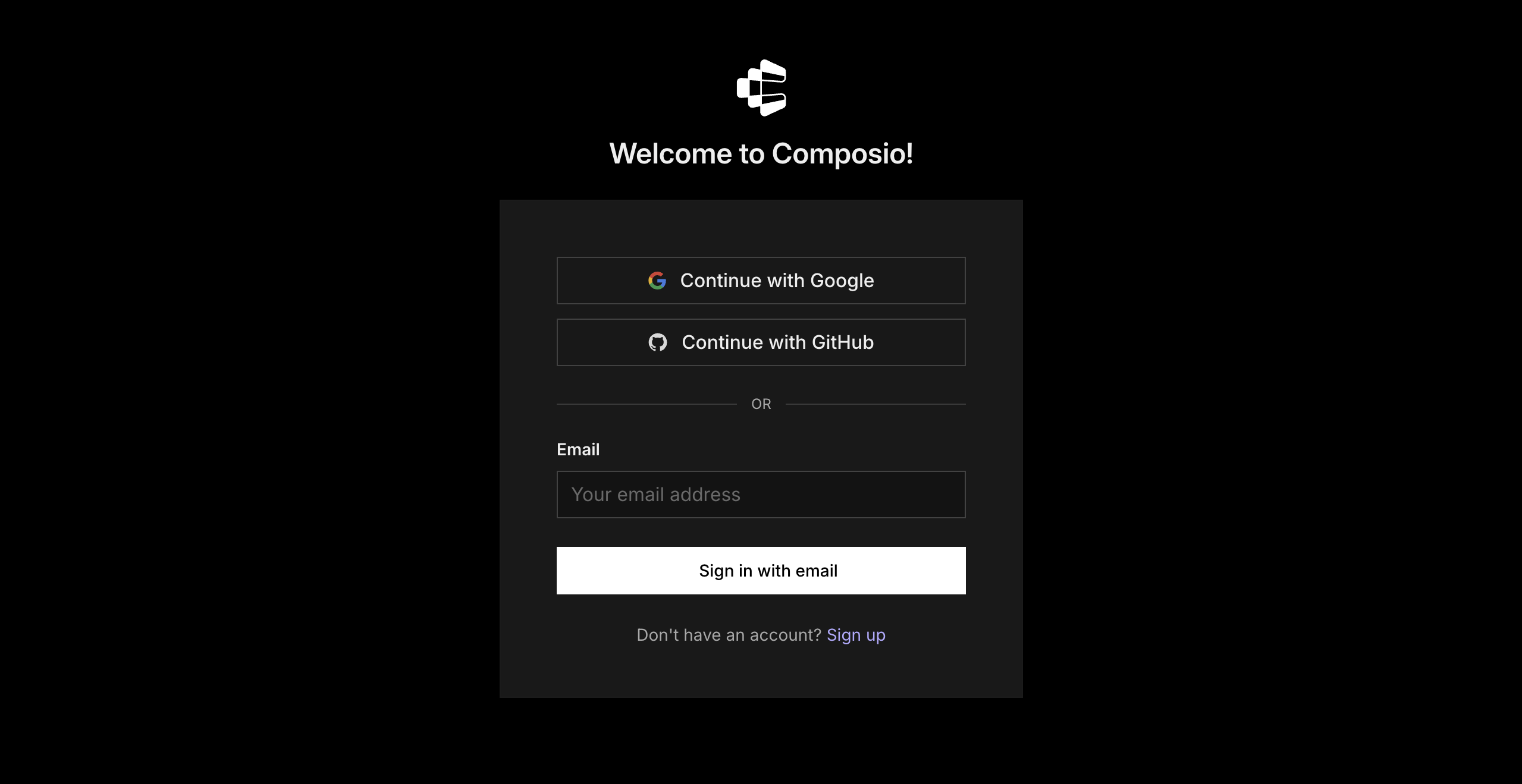 Composio sign-in page with Google, GitHub, and email options