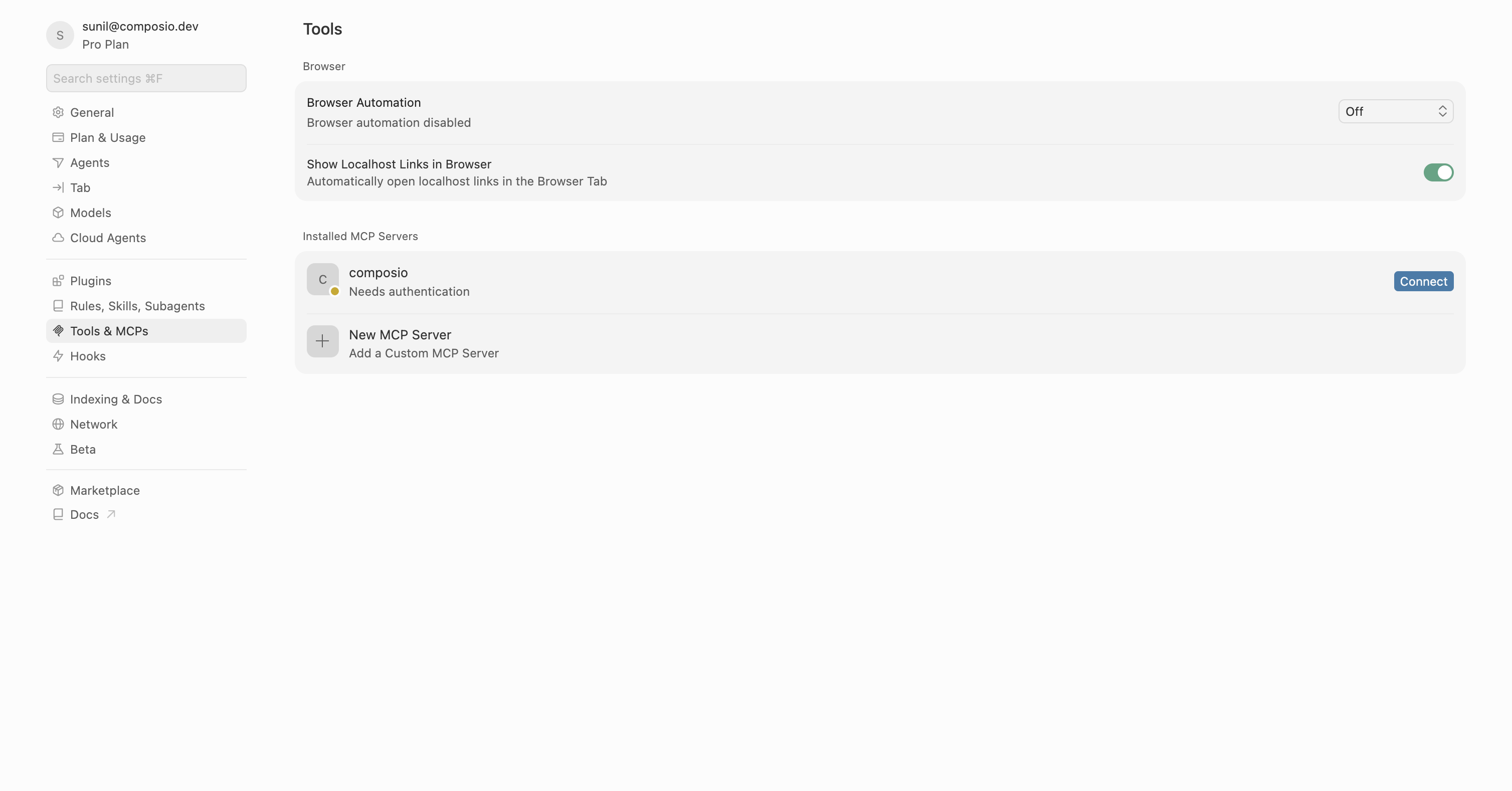 Cursor MCP Tools settings with Connect button next to Composio
