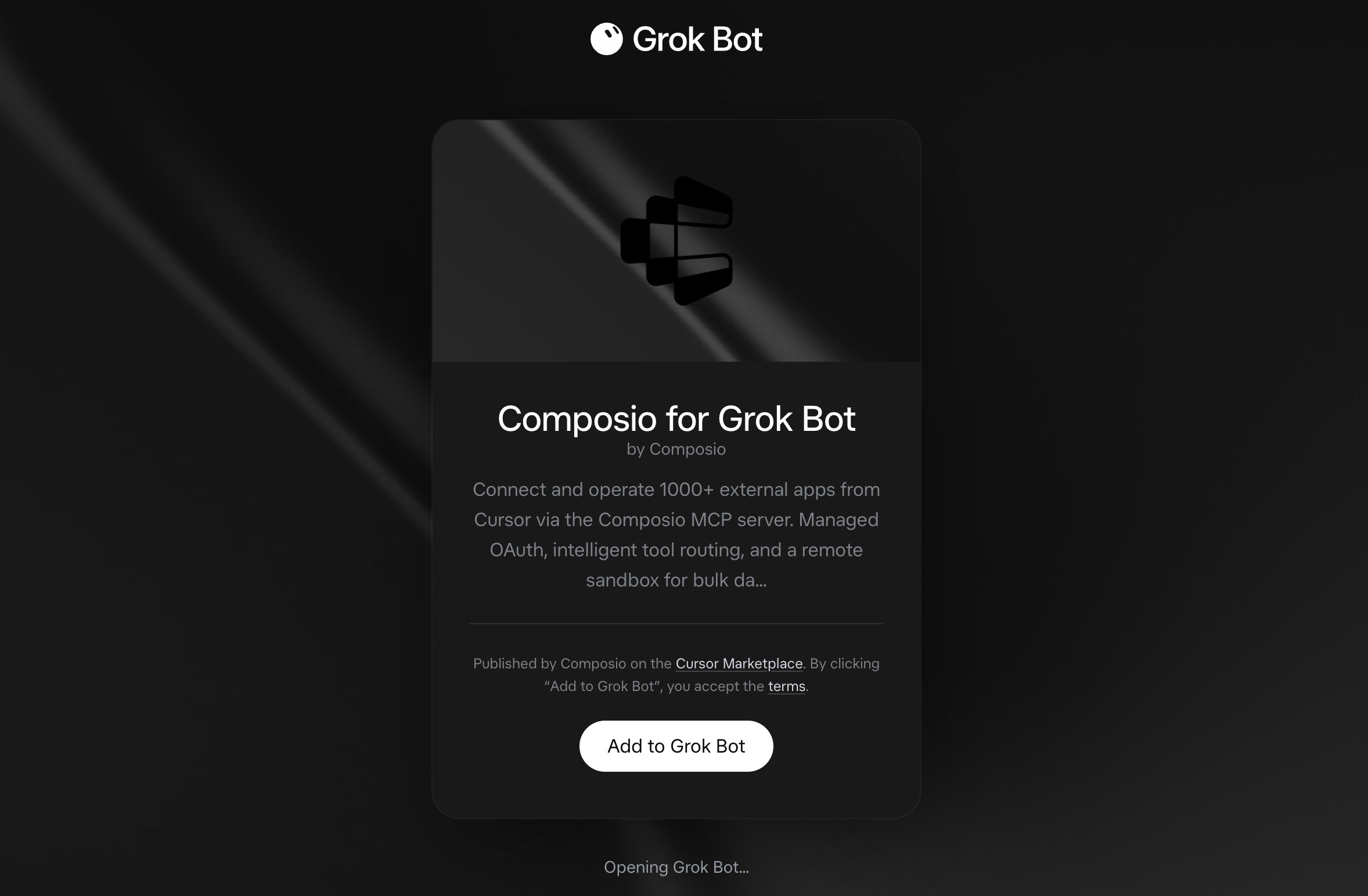 Composio for Grok Bot listing on x.ai with the Add to Grok Bot button