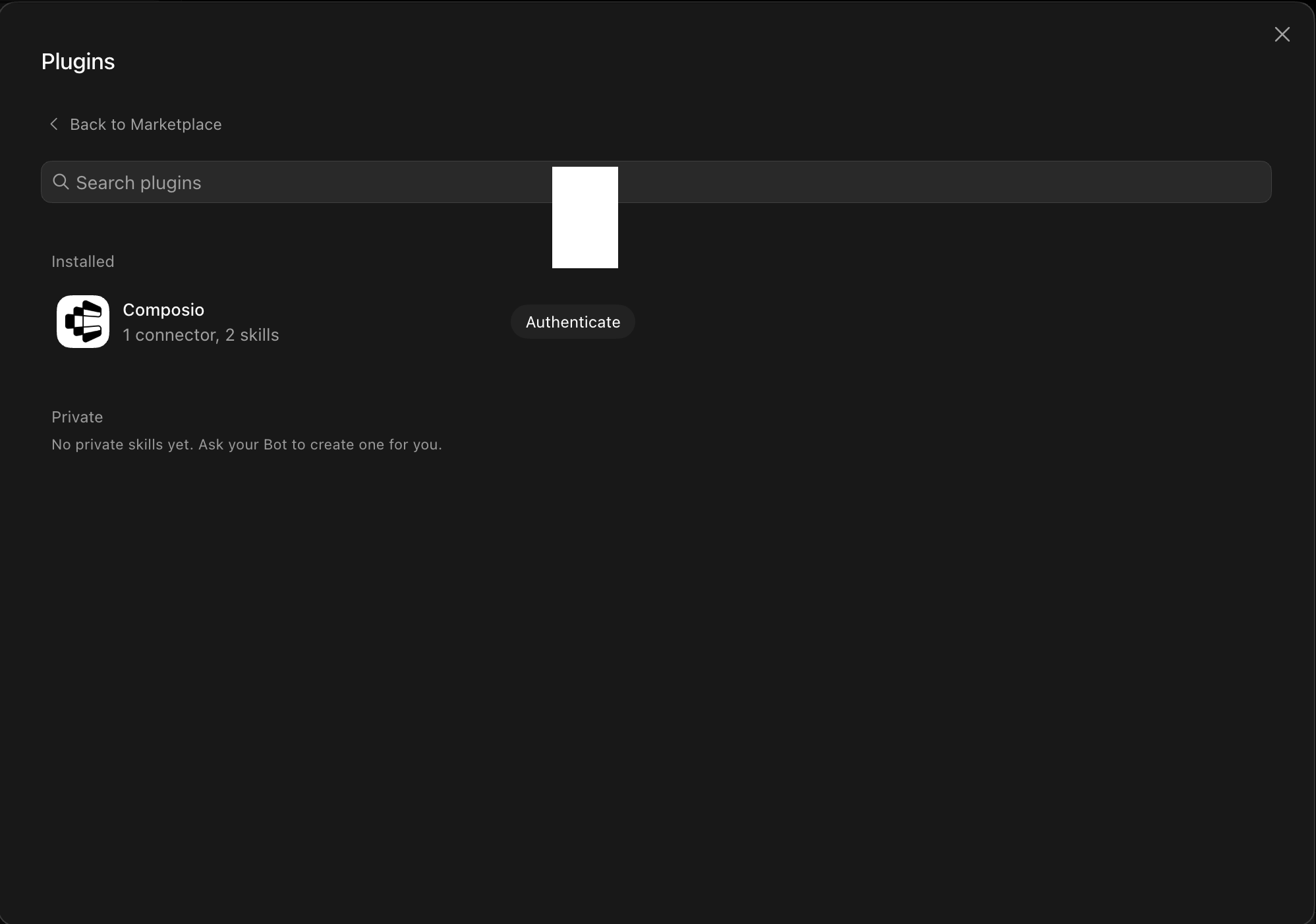 Installed Composio plugin showing the Authenticate button