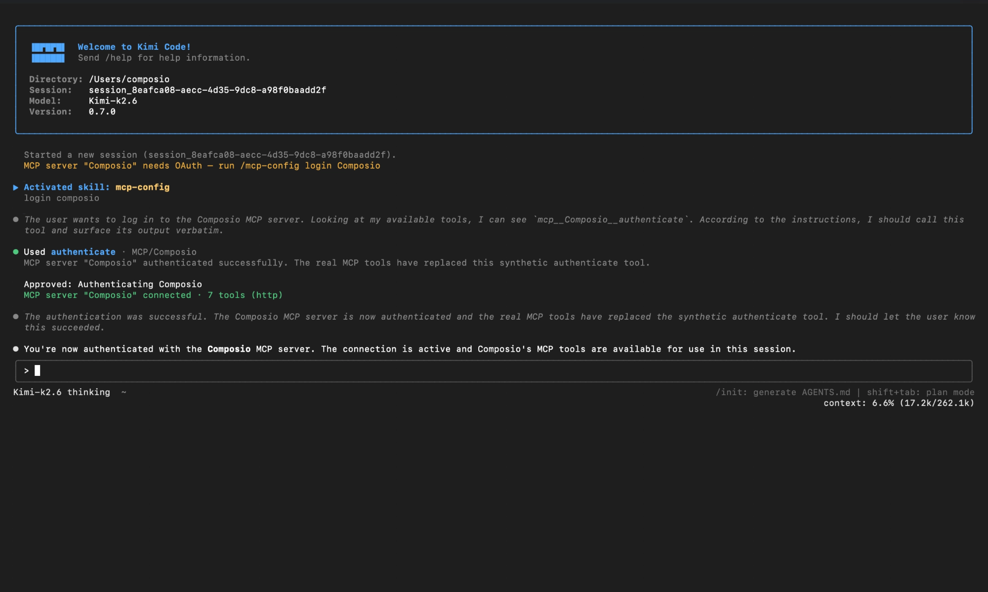 Kimi Code showing Composio connected after OAuth authorization
