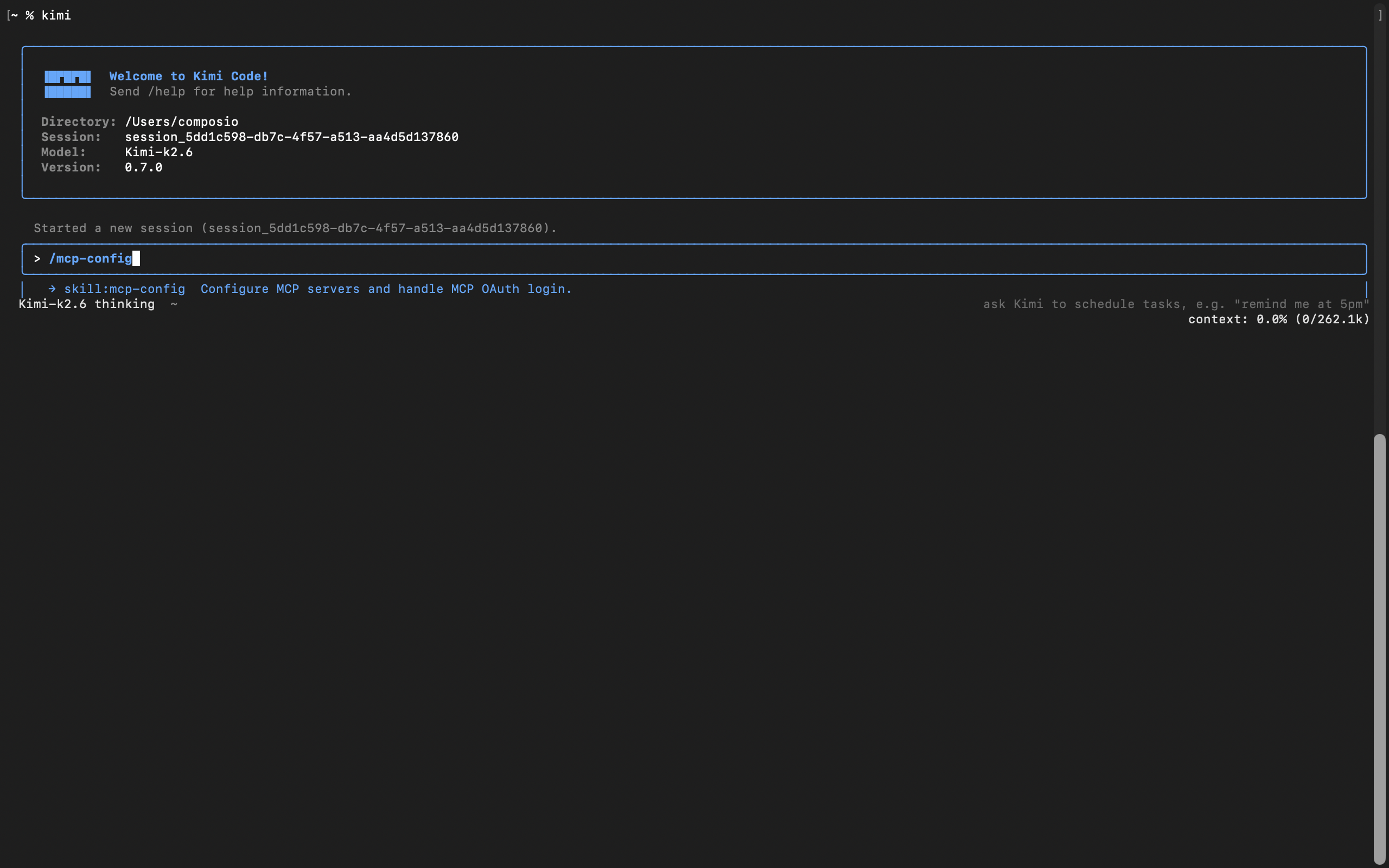 Kimi Code MCP config flow for adding the Composio MCP server
