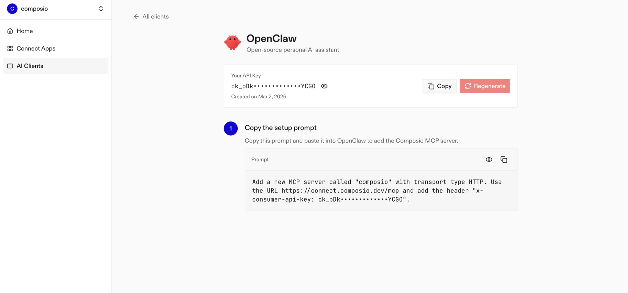 Copy the setup prompt from the OpenClaw dashboard