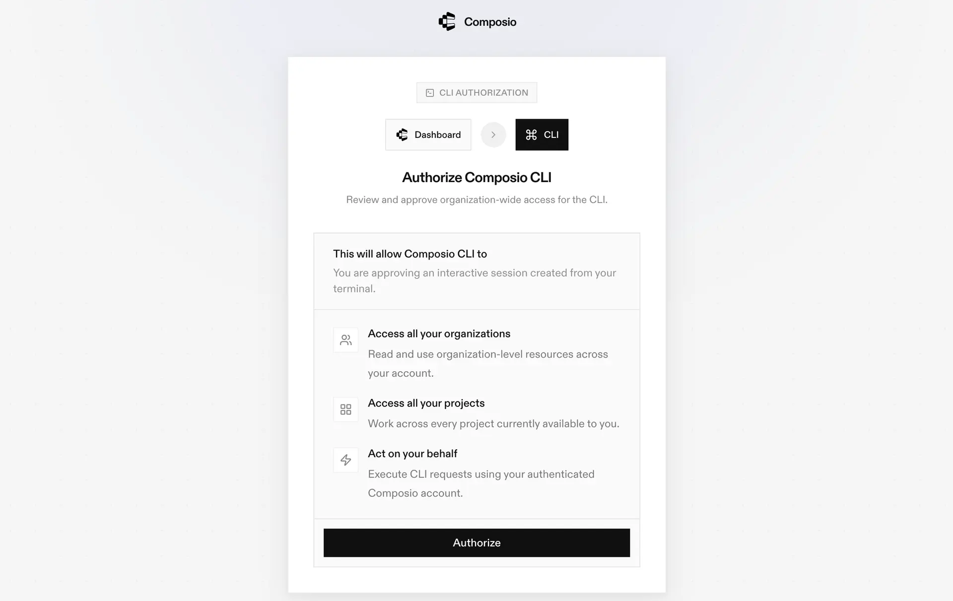 Composio CLI authorization screen