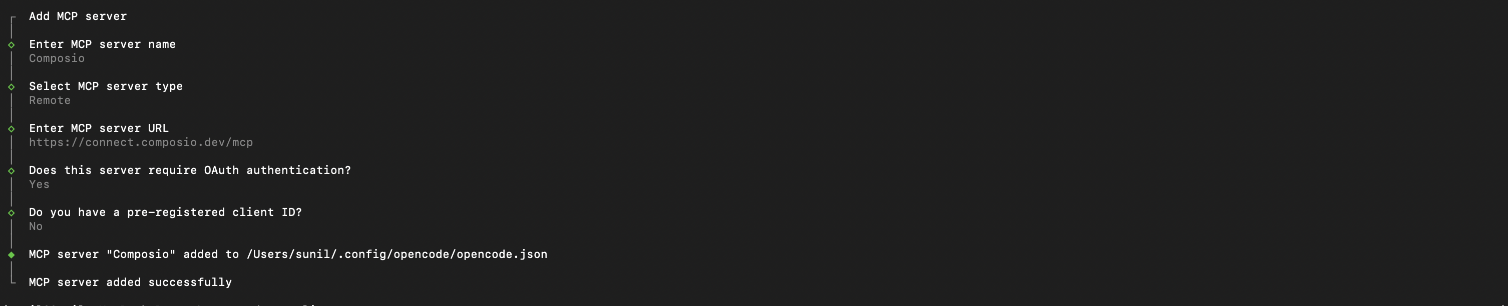 OpenCode MCP server interactive prompt for Composio