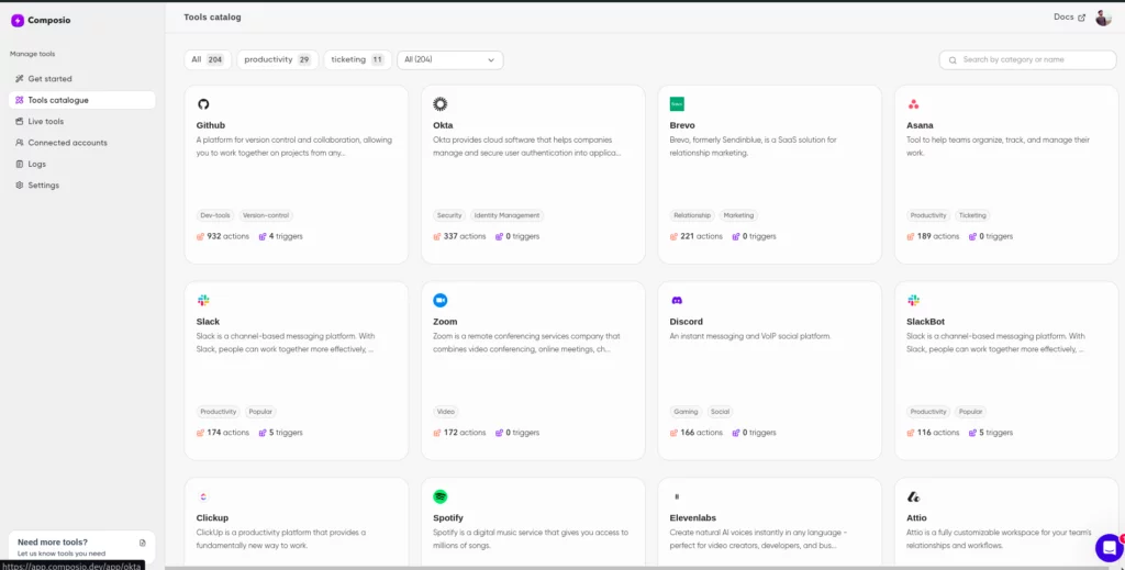 Composio dashboard for integrations