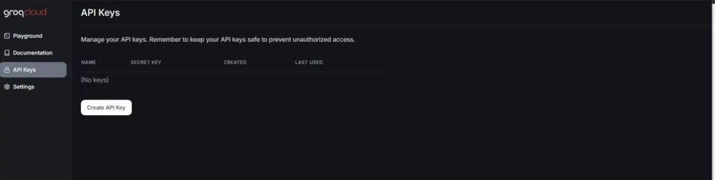 Image of Groq API key dashboard