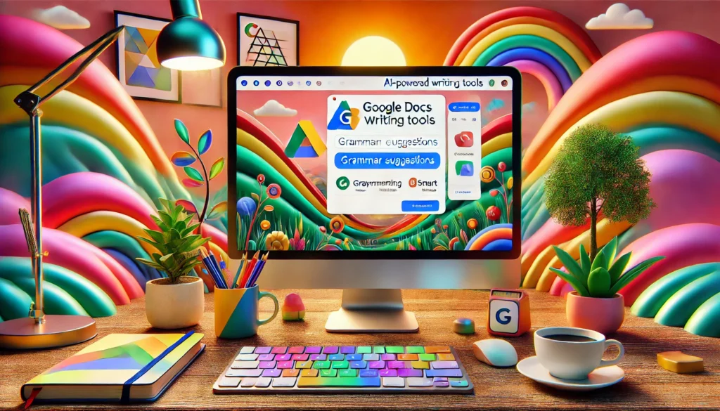 A-vibrant-colorful-landscape-style-scene-inspired-by-composio.dev-with-a-focus-on-a-computer-screen-displaying-Google-Docs-using-AI-powered-writing-