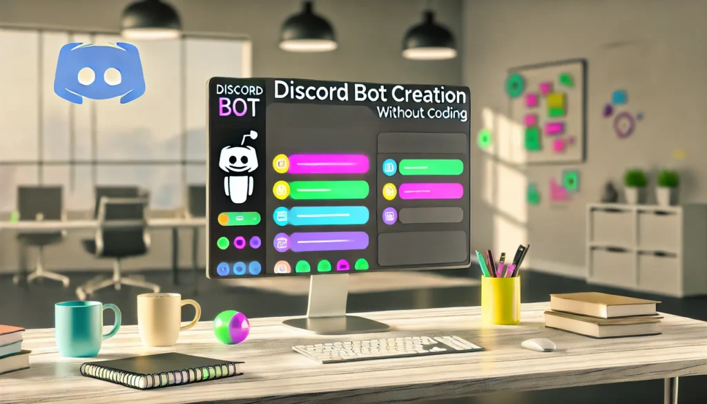 - A landscape image depicting a modern workspace with a computer screen showing a Discord bot creation interface, guiding users through a step-by-step