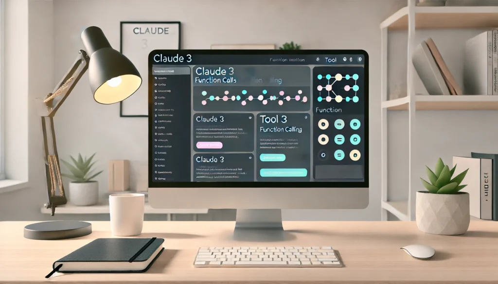 A-landscape-image-of-a-modern-workspace-featuring-a-computer-screen-showing-an-AI-platform-interface-focused-on-Claude-3-function-calling-and-tool-use