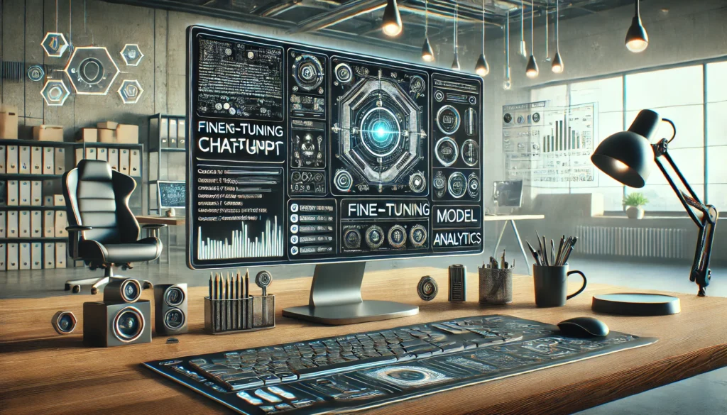 landscape image of a high-tech workspace showing a computer screen with an advanced interface for fine-tuning ChatGPT, featuring code snippets