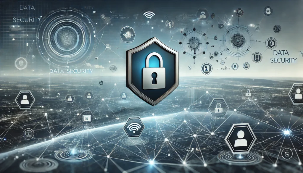 A professional and modern landscape image illustrating data security. The image shows a digital lock and shield symbol floating in front of a backgrou