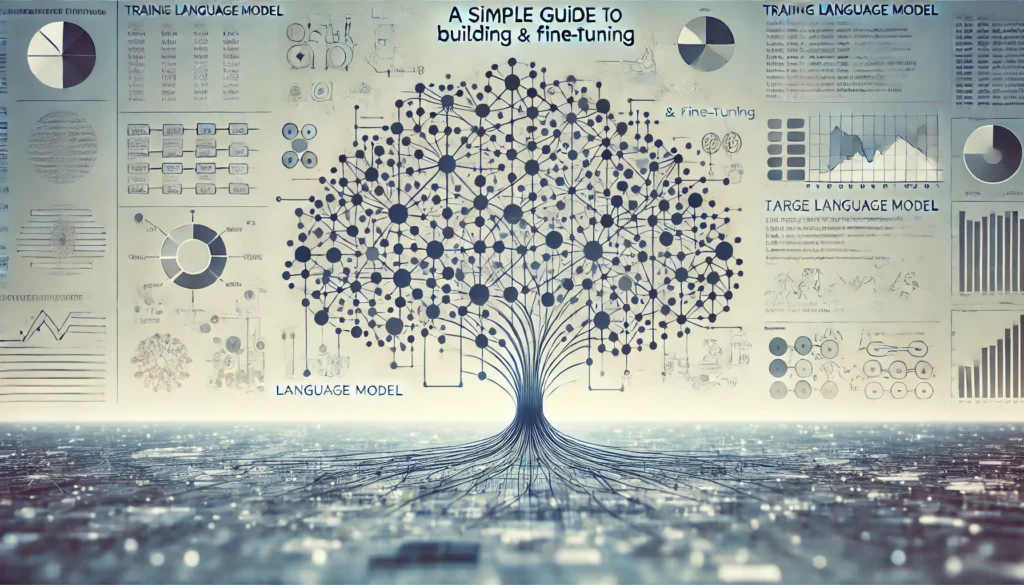 A professional landscape image for a blog titled 'Training LLMs_ A Simple Guide to Building and Fine-Tuning.' The image shows a stylized large language