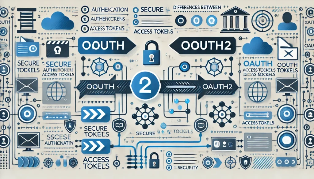 A professional landscape image for a blog titled 'Differences Between OAuth and OAuth2.' The image features a comparison visual with two sections