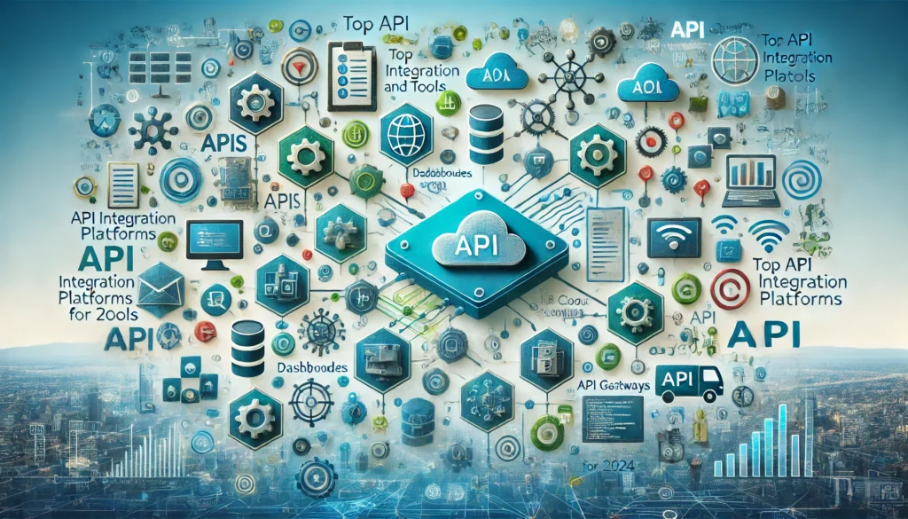 A professional landscape image for a blog titled 'Top API Integration Platforms and Tools for 2024.' The image showcases an abstract representation