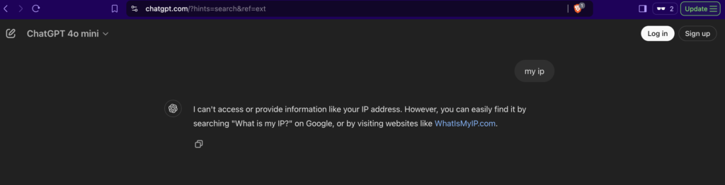 Chatgpt search not accessing IP in incognito