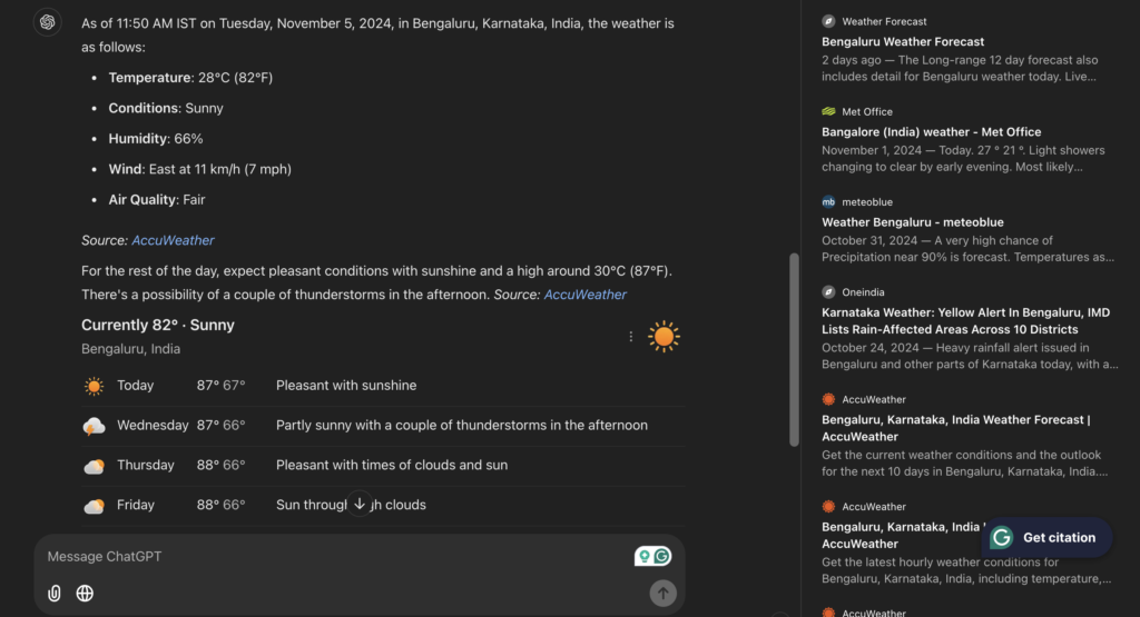Weather data from Chatgpt search