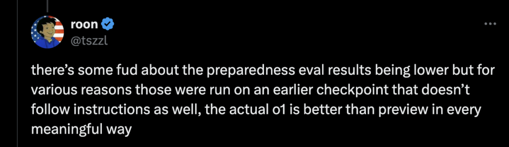 Roon commenting on OpenAI o1's benchmarks