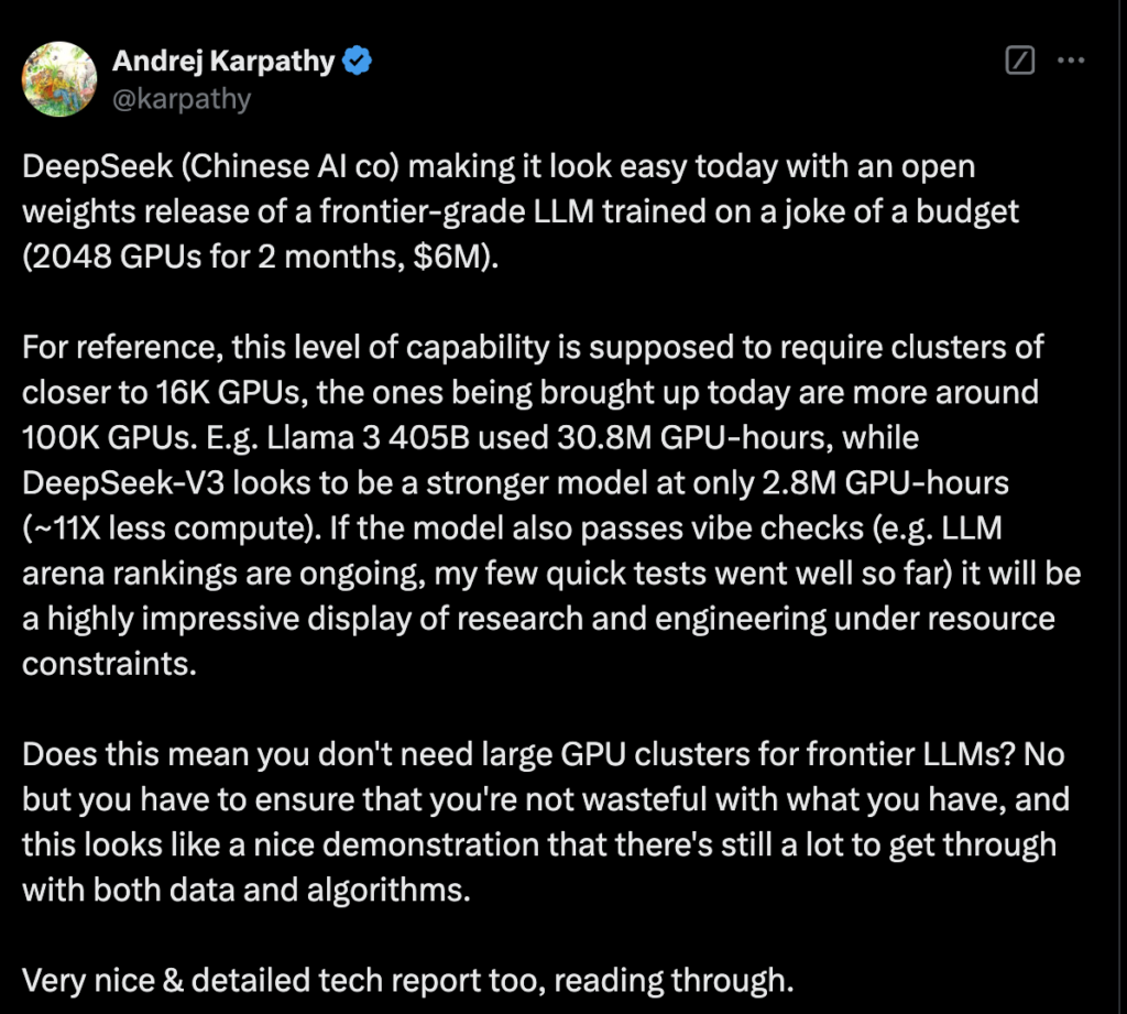 Karpathy's response to Deepseek v3 launch