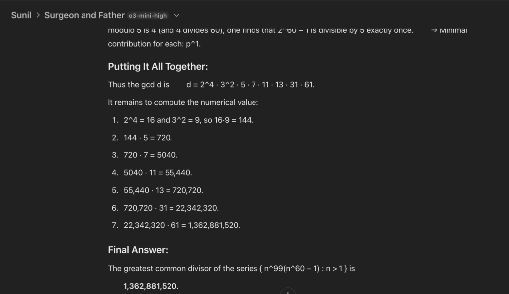 OpenAI o3-mini solving greatest GCD math question