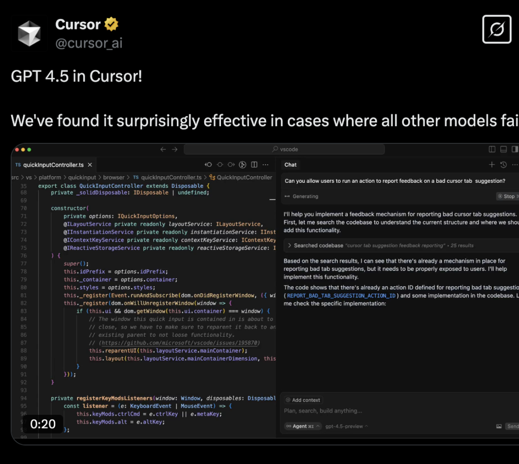 Cursor appreciating GPT-4.5